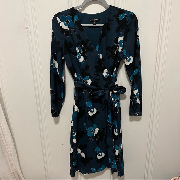 Banana Republic Green Teal White Floral V Neck Long Sleeve Wrap Dress Size 0 - Picture 1 of 5